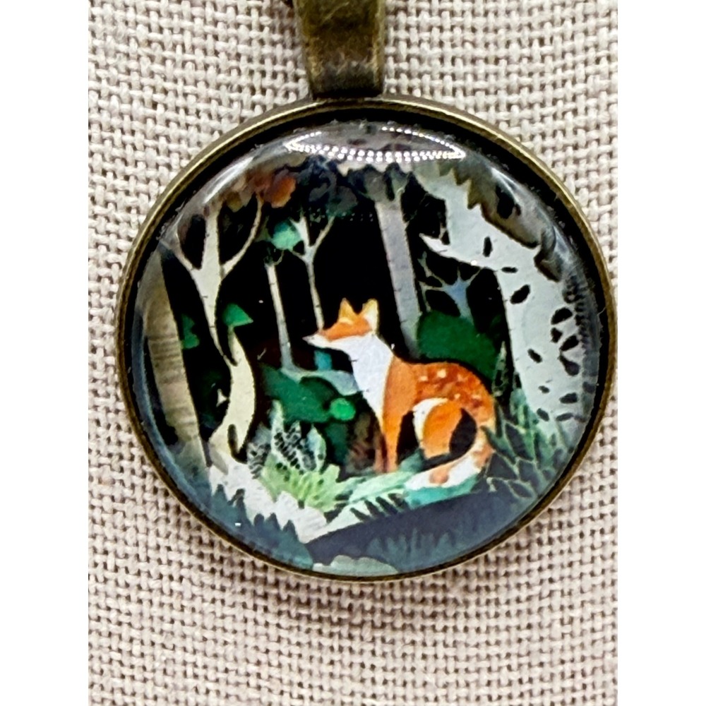 Fox in the Woods Pendant Necklace Gold Tone 24" Woodland Nature